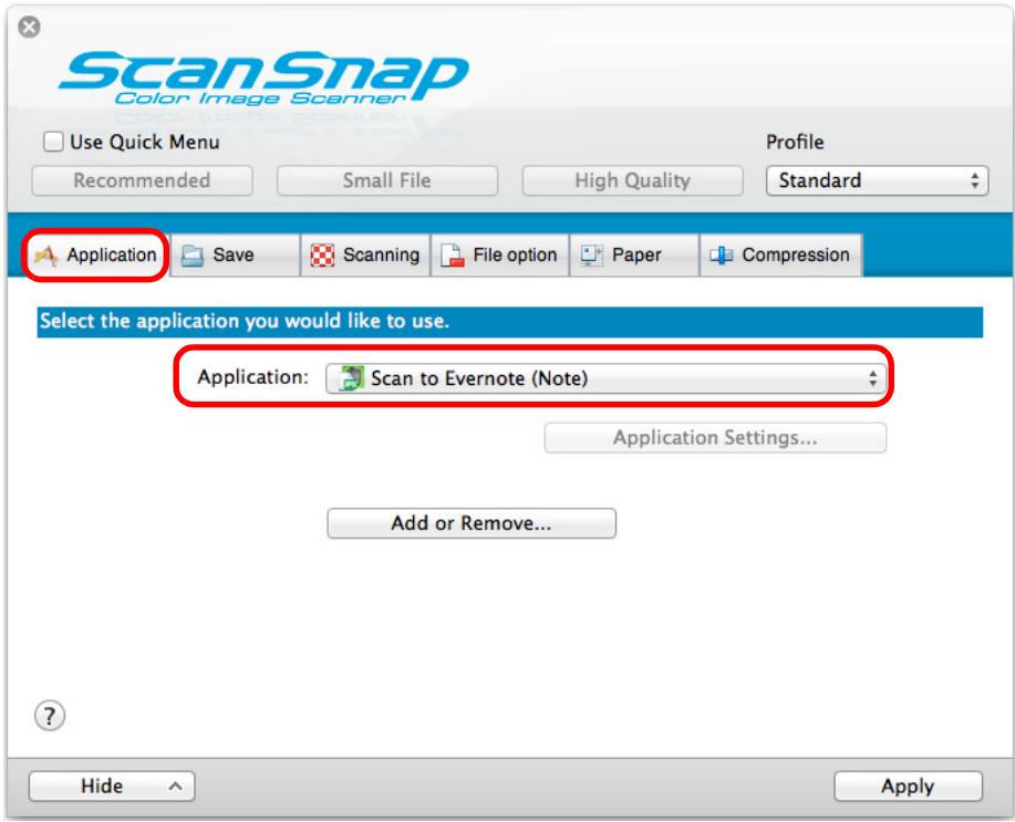 FUJITSU SCANSNAP S1300I DELUXE - In the [Application] pop-up menu in the [Application] tab, select [Scan to Evernote (Note)]. - 1
