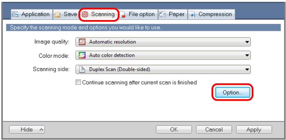 FUJITSU SCANSNAP S1300I DELUXE - Click the [Option] button in the [Scanning] tab. - 1
