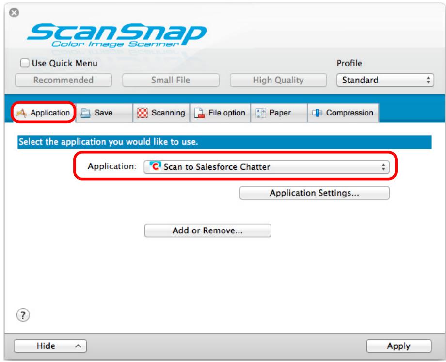 FUJITSU SCANSNAP S1300I DELUXE - In the [Application] pop-up menu in the [Application] tab, select [Scan to Salesforce Chatter]. - 1