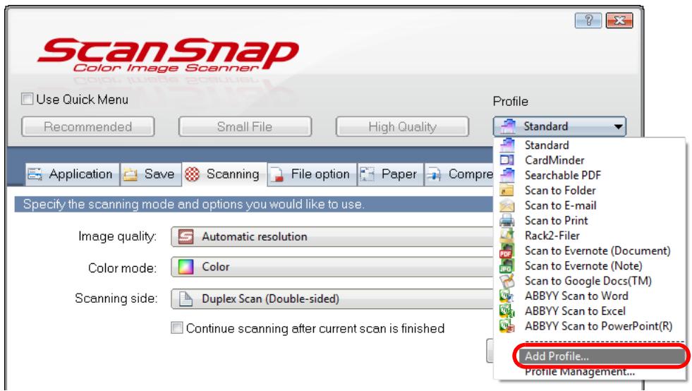 FUJITSU SCANSNAP S1300I DELUXE - Select [Add Profile] from the [Profile] drop-down list. - 1