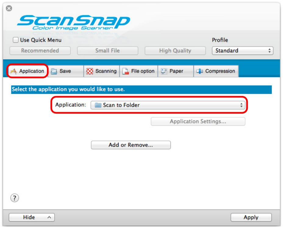 FUJITSU SCANSNAP S1300I DELUXE - In the [Application] pop-up menu in the [Application] tab, select [Scan to Folder]. - 1
