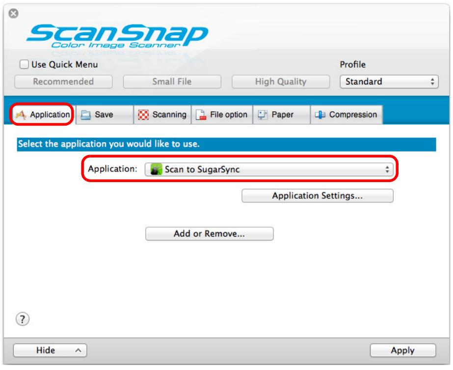 FUJITSU SCANSNAP S1300I DELUXE - In the [Application] pop-up menu in the [Application] tab, select [Scan to SugarSync]. - 1