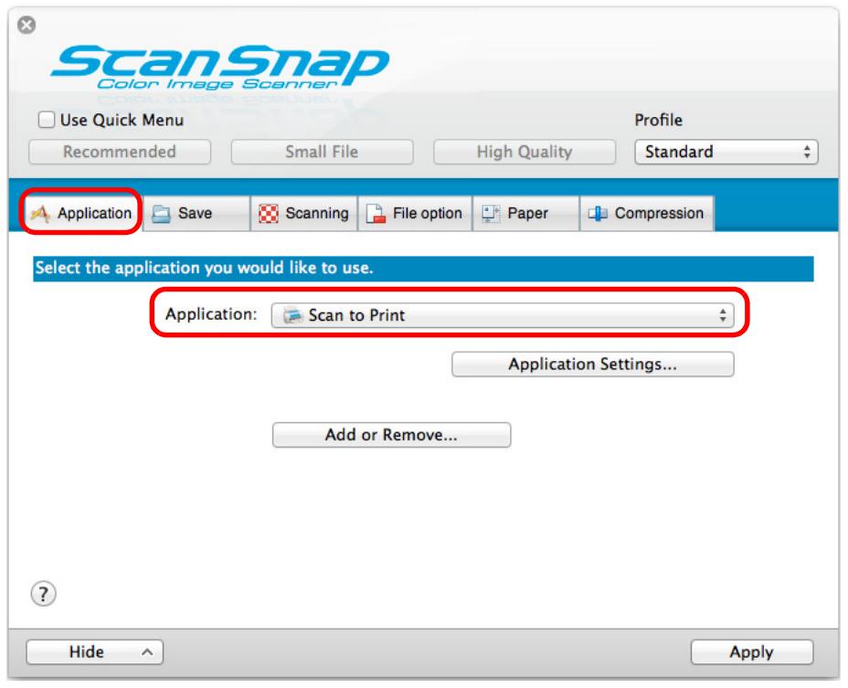 FUJITSU SCANSNAP S1300I DELUXE - From the [Application] pop-up menu in the [Application] tab, select [Scan to Print]. - 1