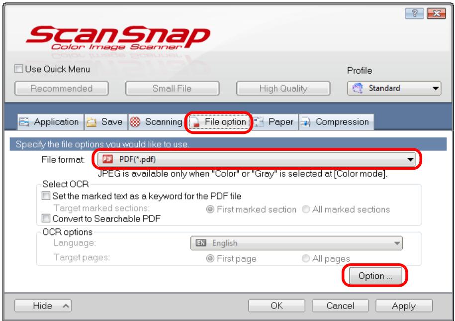 FUJITSU SCANSNAP S1300I DELUXE - In the [File format] drop-down list in the [File option] tab, select [PDF (.pdf)], and then click the [Option] button. - 1