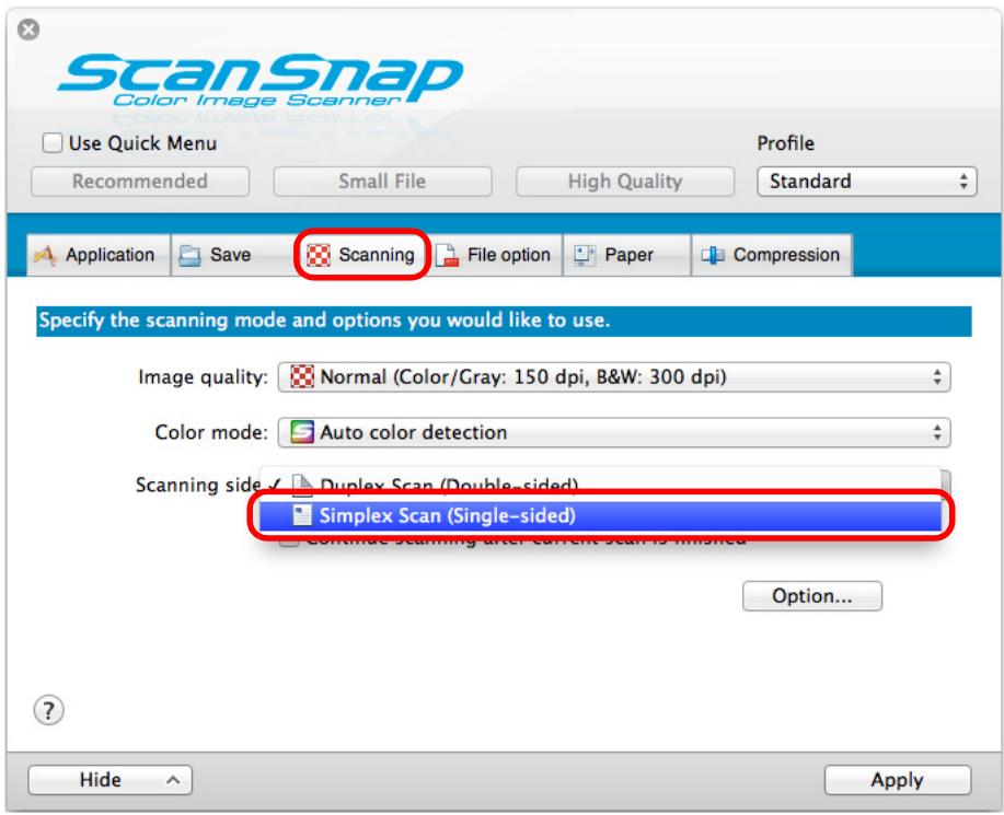 FUJITSU SCANSNAP S1300I DELUXE - In the [Scanning side] pop-up menu in the [Scanning] tab, select [Simplex Scan (Single-sided)]. - 1