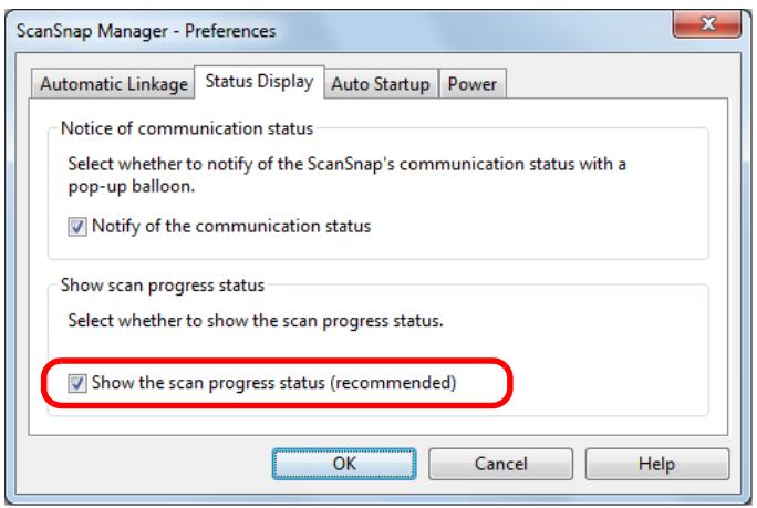FUJITSU SCANSNAP S1300I DELUXE - In the [Status Display] tab, clear the [Show the scan progress status (recommended)] check box. - 1