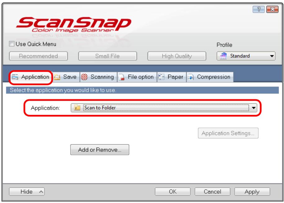FUJITSU SCANSNAP S1300I DELUXE - In the [Application] drop-down list in the [Application] tab, select [Scan to Folder]. - 1