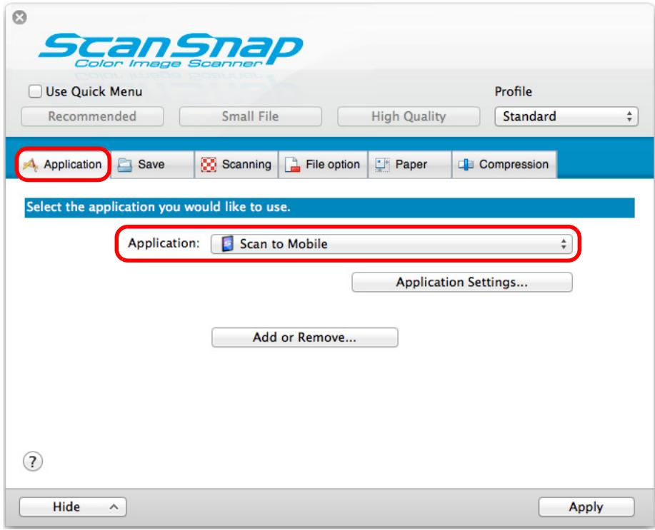 FUJITSU SCANSNAP S1300I DELUXE - In the [Application] pop-up menu in the [Application] tab, select [Scan to Mobile]. - 1