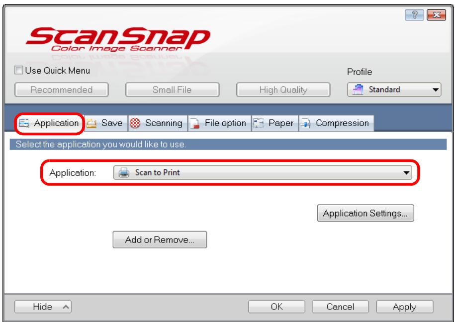 FUJITSU SCANSNAP S1300I DELUXE - In the [Application] drop-down list in the [Application] tab, select [Scan to Print]. - 1