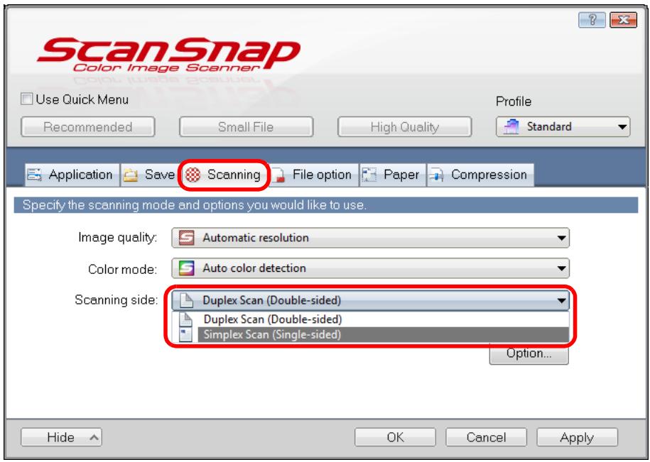 FUJITSU SCANSNAP S1300I DELUXE - In the [Scanning side] drop-down list in the [Scanning] tab, select [Simplex Scan (Single-sided)]. - 1