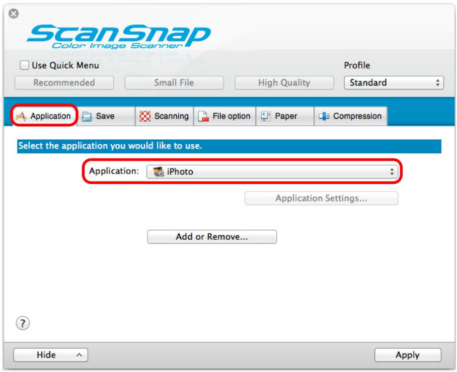 FUJITSU SCANSNAP S1300I DELUXE - From the [Application] pop-up menu in the [Application] tab, select [iPhoto]. - 1