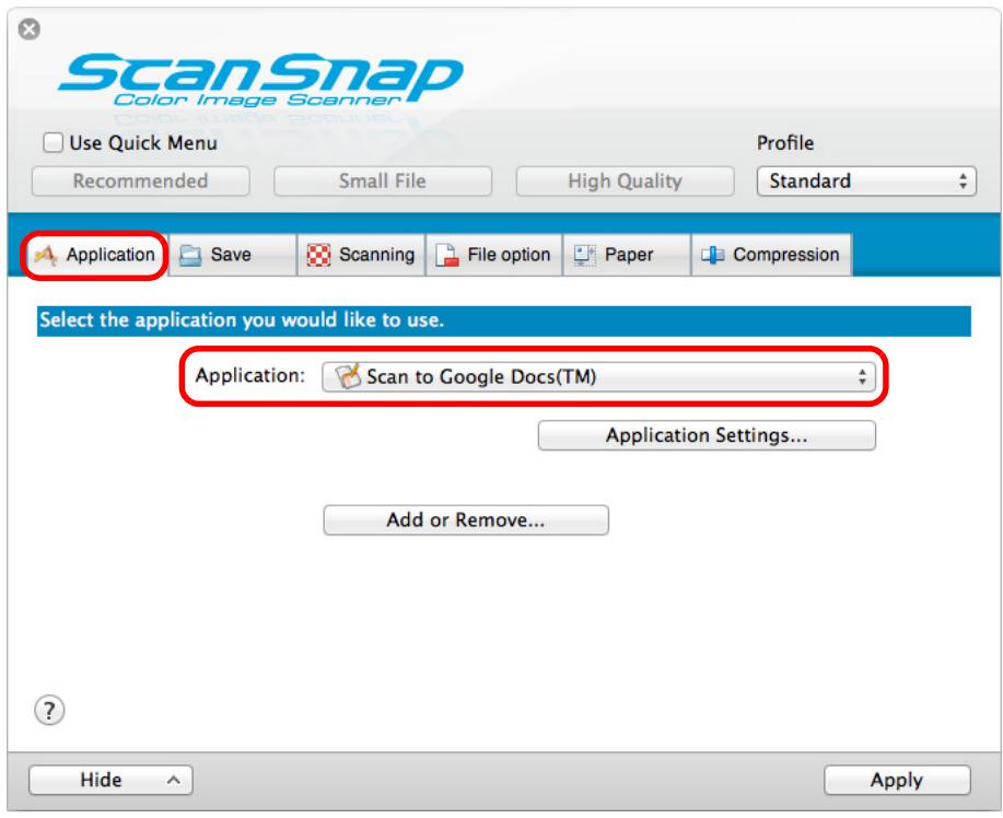 FUJITSU SCANSNAP S1300I DELUXE - In the [Application] pop-up menu in the [Application] tab, select [Scan to Google Docs(TM)]. - 1