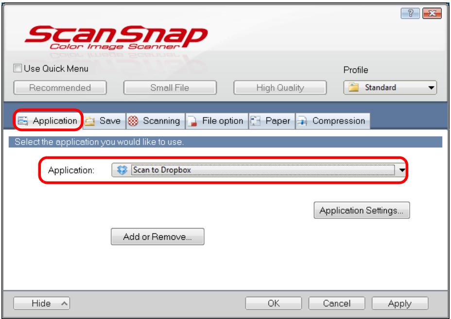 FUJITSU SCANSNAP S1300I DELUXE - In the [Application] drop-down list in the [Application] tab, select [Scan to Dropbox]. - 1