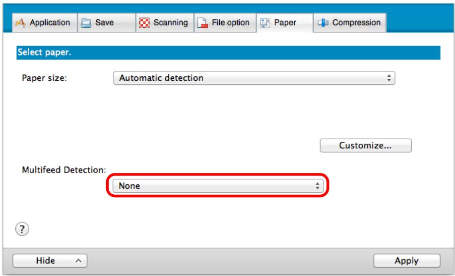 FUJITSU SCANSNAP S1300I DELUXE - Select [None] in [Multifeed Detection] pop-up menu. - 1
