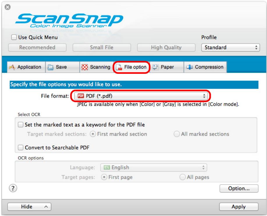 FUJITSU SCANSNAP S1300I DELUXE - In the [File format] pop-up menu in the [File option] tab, select [PDF (.pdf)]. - 1