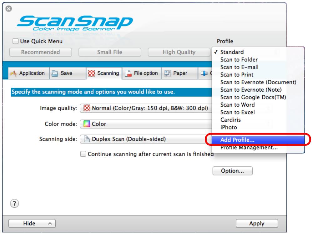 FUJITSU SCANSNAP S1300I DELUXE - Select [Add Profile] from the [Profile] pop-up menu. - 1