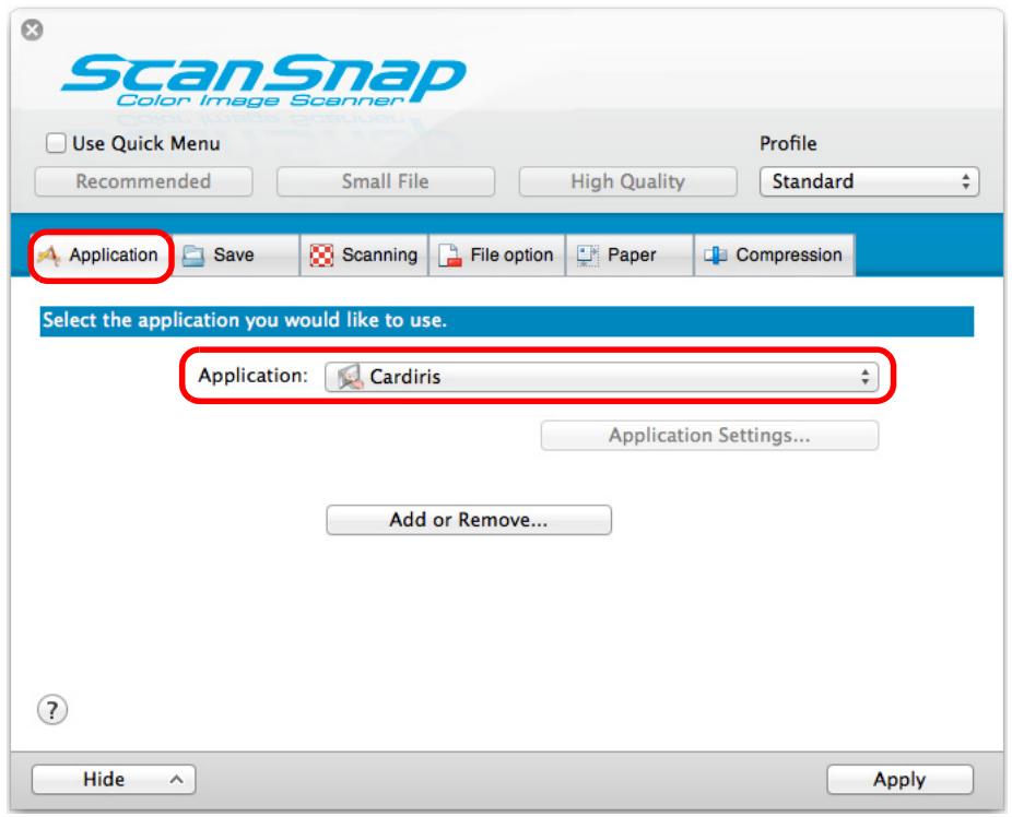 FUJITSU SCANSNAP S1300I DELUXE - In the [Application] pop-up menu in the [Application] tab, select [Cardiris]. - 1