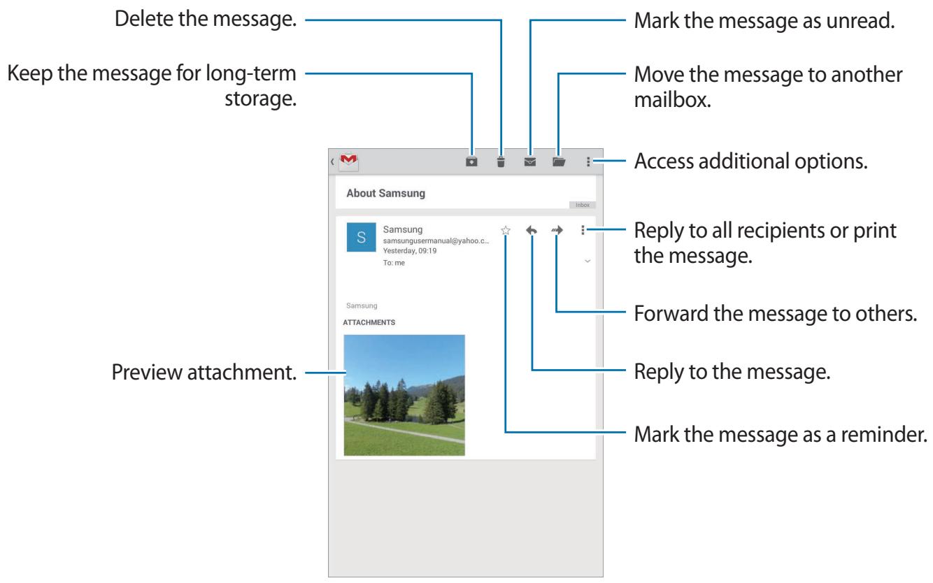 Delete the message. Keep the message for long-term storage. Mark the message as unread. Move the message to another mailbox. Access additional options. About Samsung SAMSUNG samsungusermanual@yahoo.c... Yesterday, 09:19 To: me Samsung ATTACHMENTS Preview attachment. Reply to all recipients or print the message. Forward the message to others. Reply to the message. Mark the message as a reminder.