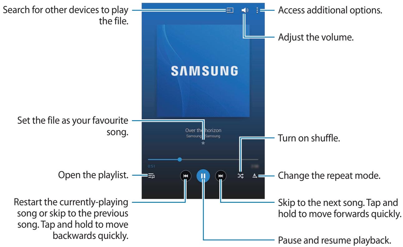 Search for other devices to play the file. SAMSUNG Set the file as your favourite song. Open the playlist. Restart the currently-playing song or skip to the previous song. Tap and hold to move backwards quickly. Access additional options. Adjust the volume. Turn on shuffle. Change the repeat mode. Skip to the next song. Tap and hold to move forwards quickly. Pause and resume playback.