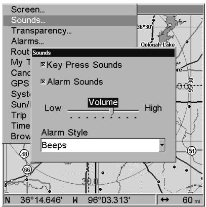 LOWRANCE 3500C - Sounds and Alarm Sound Styles - 2