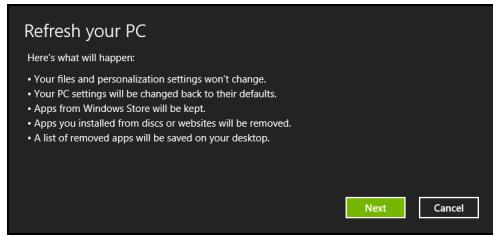 ACER ASPIRE SWITCH 10 SW5-011 - The Refresh your PC window opens. - 1