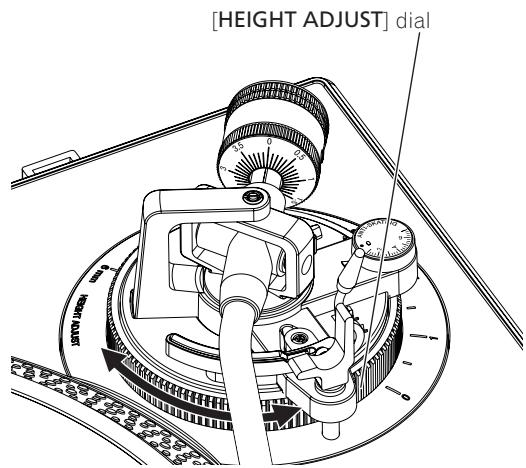 PIONEER DJ PLX-500 - Push down the lifter lever and place the stylus on the record, then adjust the [HEIGHT ADJUST] dial to make the tone arm and record parallel. - 2