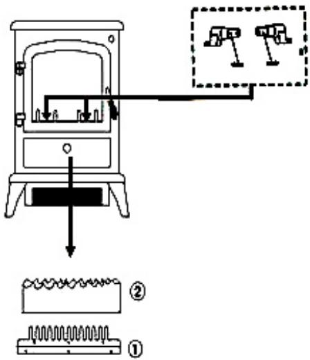 EXCELINE EX-EC18A - Remplacement des ampoules productrices des flammes et lit de braise (Chacune 25 watts) Situées derrière la porte et sont accessibles en ouvrant la porte. - 2