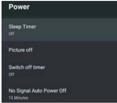 Power Sleep Timer Off Picture off Switch off timer Off No Signal Auto Power Off 15 Minutes