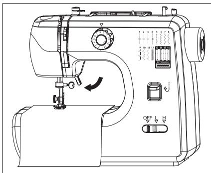 Technical line drawing of a sewing machine with labeled buttons and control panel