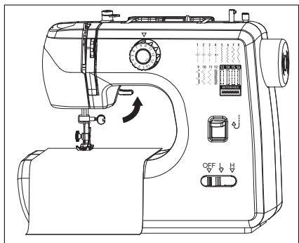 Technical line drawing of a sewing machine with labeled buttons and control panel
