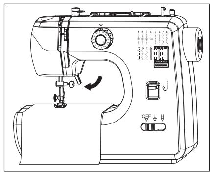 Technical line drawing of a sewing machine with labeled buttons and control panel