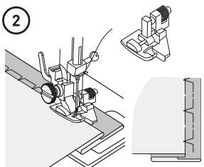 Technical diagram showing sewing machine operation with labeled parts and a close-up detail view