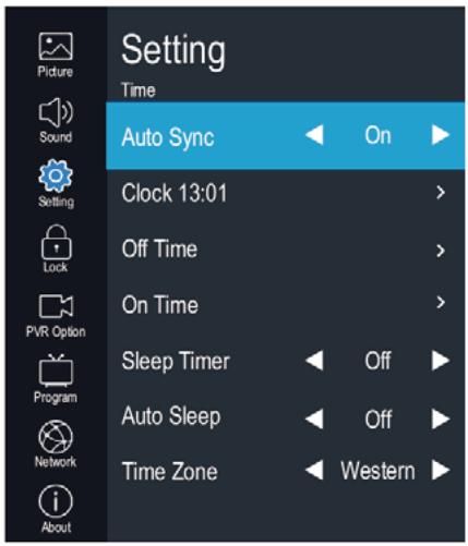 Setting Time Auto Sync On Clock 13:01 Off Time On Time Sleep Timer Off Auto Sleep Off Time Zone Western About