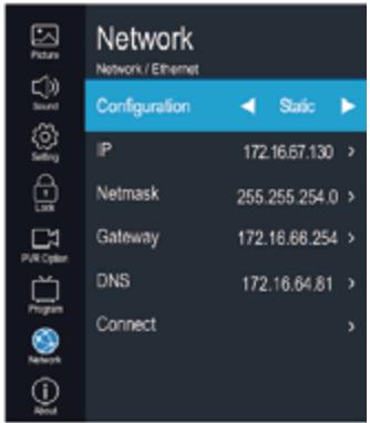 Network Network / Ethernet Configuration IP 172.16.67.130 > Netmask 255.255.254.0 > Gateway 172.16.68.254 > DNS 172.16.64.81 > Connect >