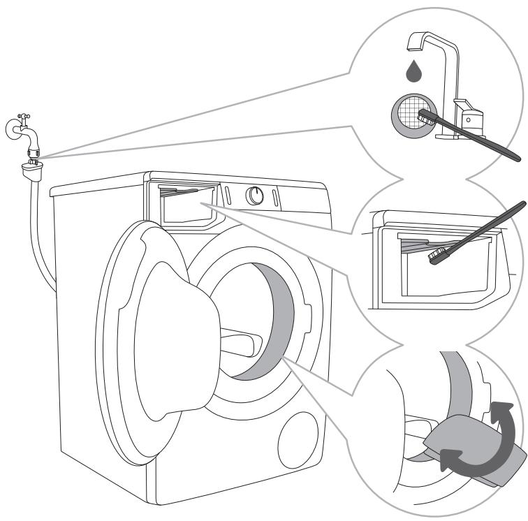 HISENSE WFGP101439VM - NETTOYAGE DU FILTRE D'ARRIVÉE D'EAU, DU LOGEMENT DU TIROIR À PRODUITS LESSIVIELS ET DU SOUFFLET DU HUBLOT - 1