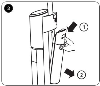 Diagram showing a hand holding a tool interacting with a cylindrical device, labeled with steps ① and ②.