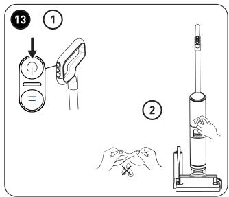 Diagram showing a vacuum cleaner with labeled parts and step indicators, including a control panel and hand positioning instructions.