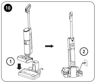 Diagram showing two views of a vacuum cleaner with labeled parts and directional arrows indicating assembly or operation.