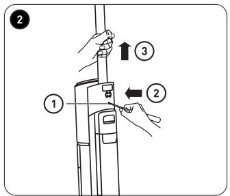 Diagram showing a hand holding a device with numbered instructions and directional arrows indicating movement or change.