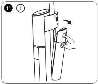 Diagram showing a hand holding a tool interacting with a vertical cylindrical device, labeled with numbers 11 and ①.