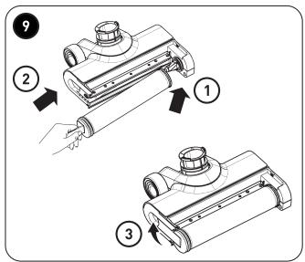 Diagram showing three-step assembly steps of a mechanical device with numbered components and directional arrows