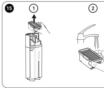 Diagram showing two steps of a device operation: step 1 is inserted into a device labeled 15, while step 2 is placed on a device labeled 2.