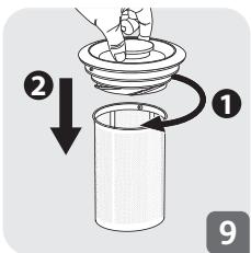 Diagram illustrating a mechanical process with labeled steps 1 and 2, showing a hand pressing down on a container.
