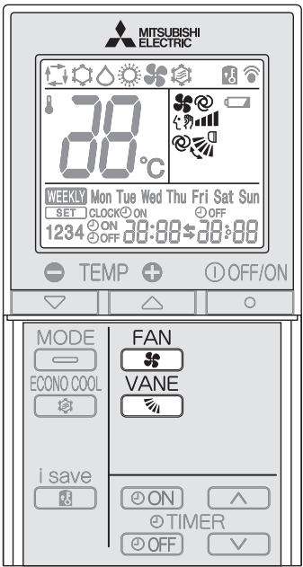 MITSUBISHI ELECTRIC 38°C WEEKLY Mon Tue Wed Thu Fri Sat Sun SET CLOCK ON 1234 ON 38:00 38:00 TEMP OFF/ON MODE FAN ECONO COOL VANE i save ON TIMER OFF