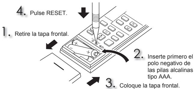 4. Pulse RESET. 1. Retire la tapa frontal. 2. Inserte primero el polo negativo de las pilas alcalinas tipo AAA. 3. Coloque la tapa frontal.