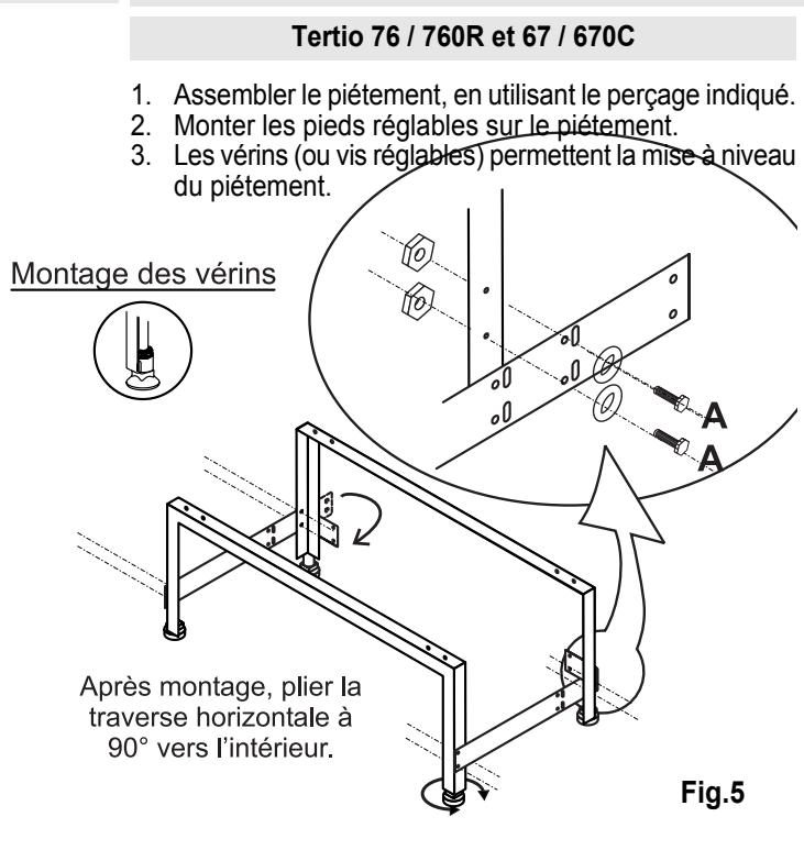 Tertio 76 / 760R et 67 / 670C 1. Assembler le piétement, en utilisant le perçage indiqué. 2. Monter les pieds réglables sur le piétement. 3. Les vérins (ou vis réglables) permettent la mise à niveau du piétement. Montage des vérins Après montage, plier la traverse horizontale à 90° vers l'intérieur. Fig.5