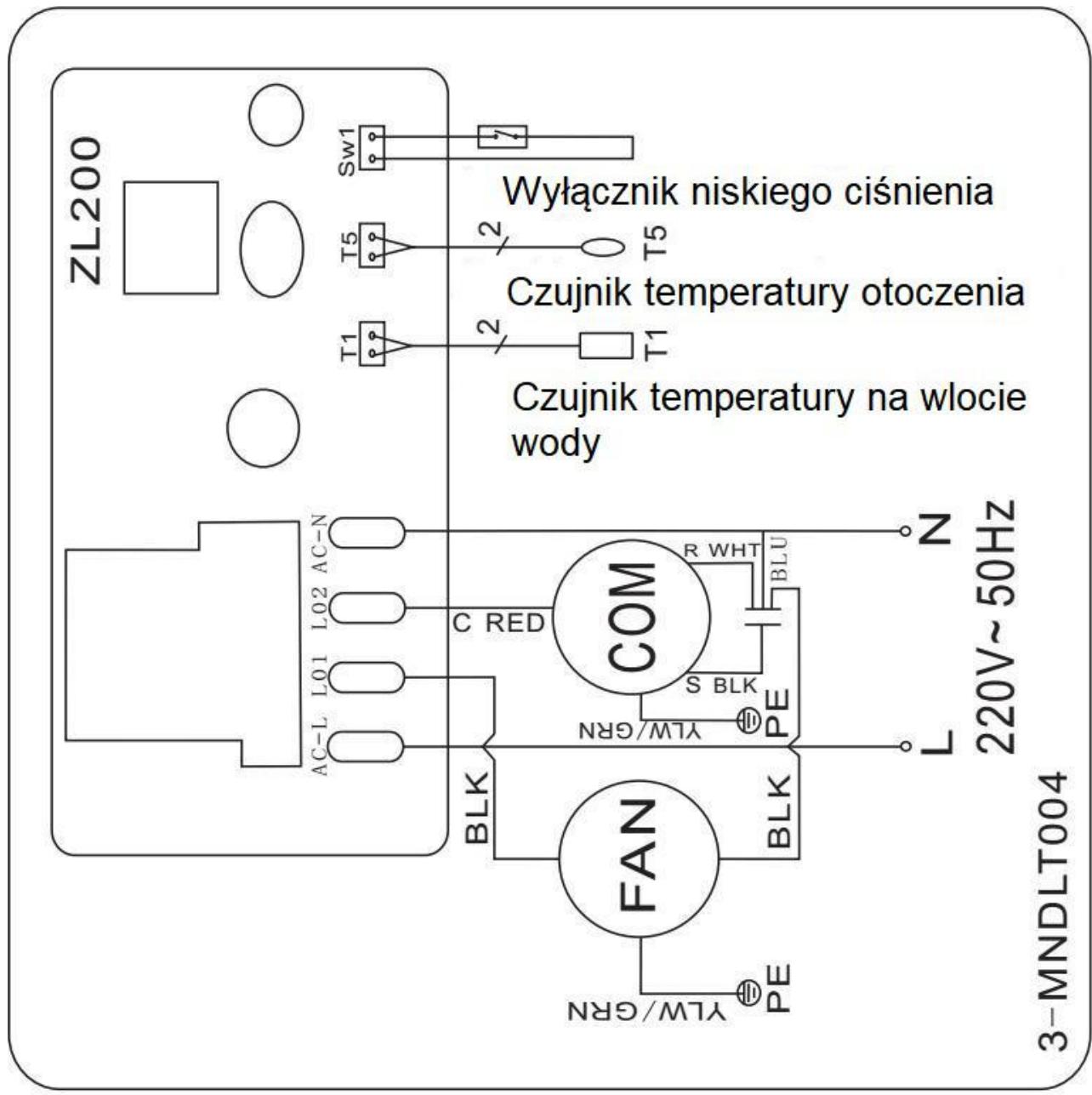GRE HPM20, HPM30, HPM40 - Schemat okablowania basenowej pompy ciepta - 1