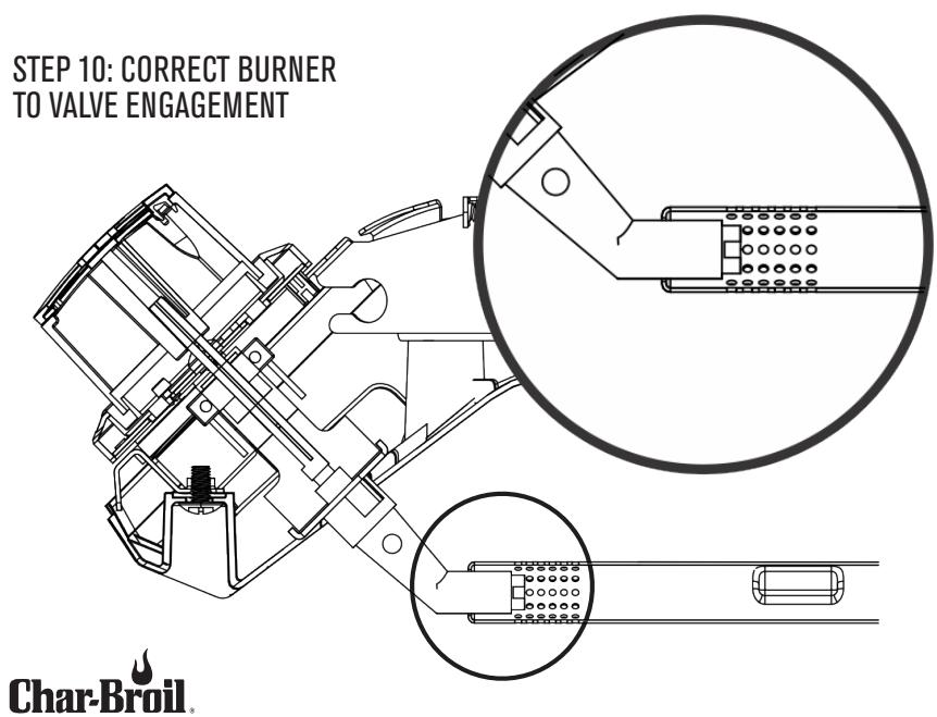 CHAR BROIL CONVECTIVE 210 B - 19609080 & 19609080A1 19609170 & 19609170A1 - VERY IMPORTANT: Burner tubes must re-engage valve openings. See illustration below. - 1