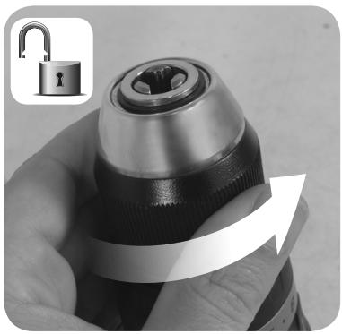 PEUGEOT EnergyDrill-18VPBL1 - Tourner dans le sens inverse, jusqu'au déclic : l'outil est desserré - 1