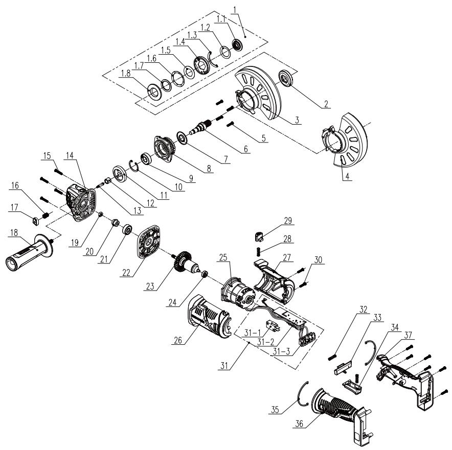DEXTER 20VAG3-125BL.1 - EXPLODED VIEW WITH PART LIST - 1